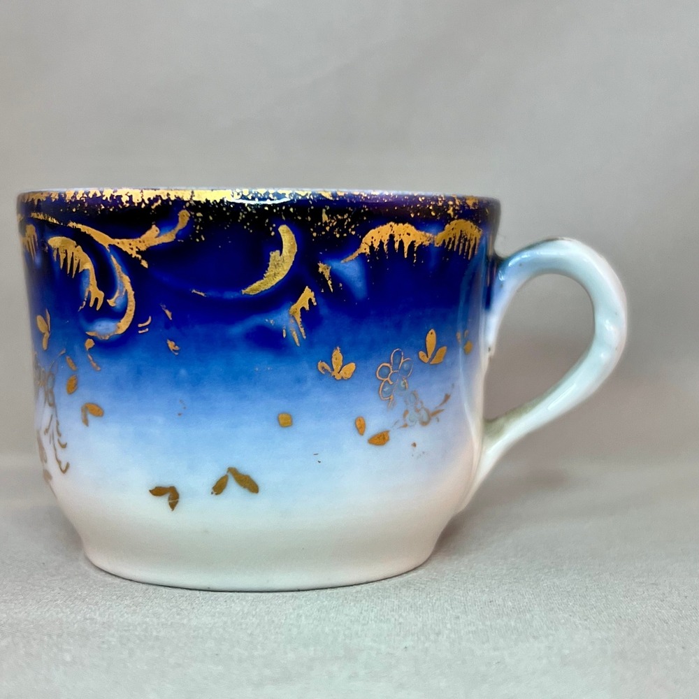 Unbranded Antique Flow Blue Gilt Porcelain Teacup Cobalt Blue Gold Floral GOOD